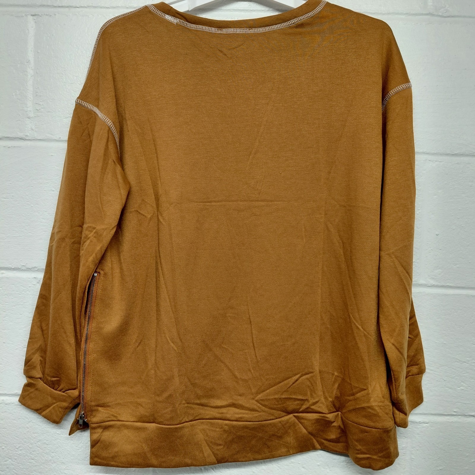 Zeagoo Long Sleeve Crew Top Carmel Brown Side Zip Stretchy Womens Medium Shirt — image 2 of 8